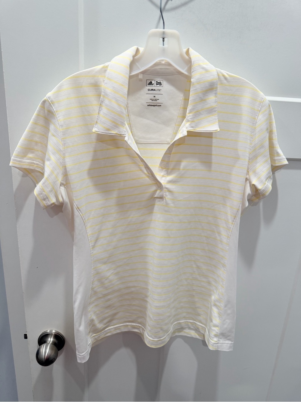 Adidas Golf Climalite Polo Medium White Yellow Striped Performance Shirt